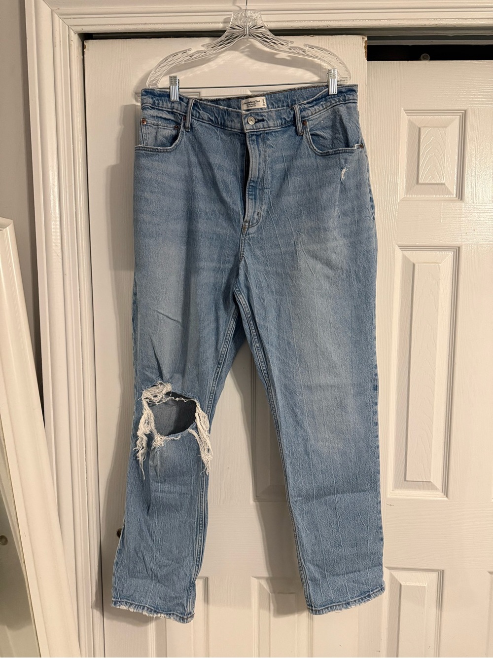 Abercrombie & Fitch Light Blue Straight Leg Jeans with Distressed Knee
